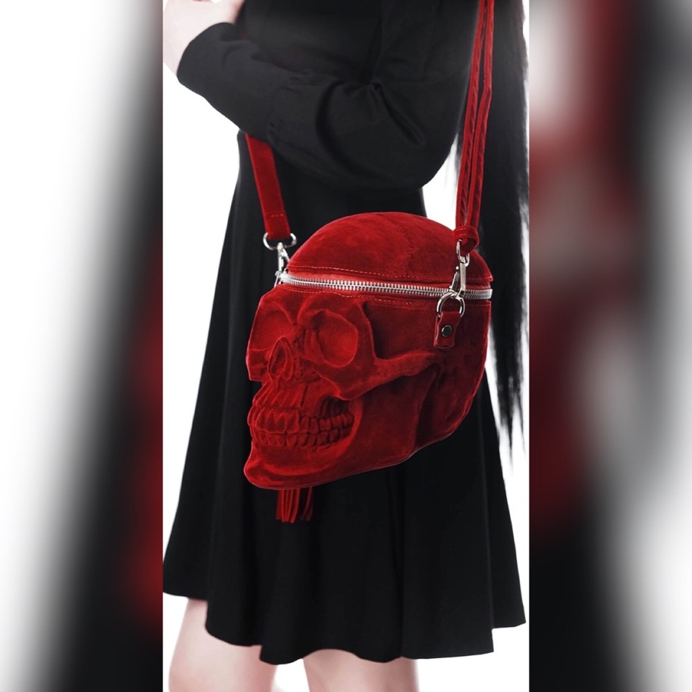 Gothic Art Life Size Red Velvet Curved Skull Clutch Crossbody Shoulder Bag